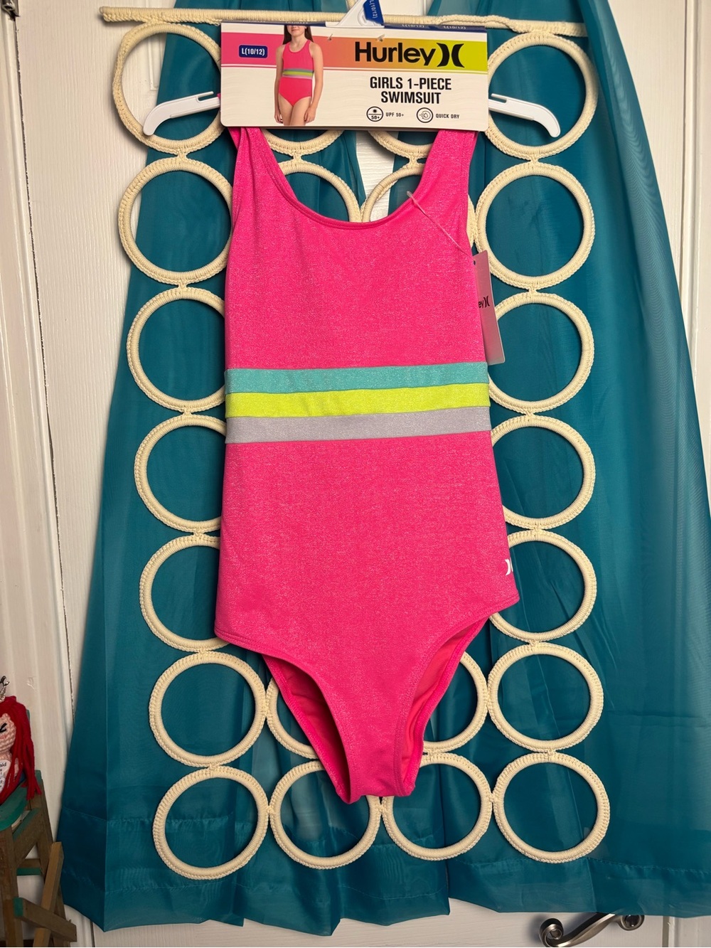 Hurley Pink Girls' One-Piece Swimsuit with Teal, Yellow & Gray Stripes Large NWT - Picture 2 of 13